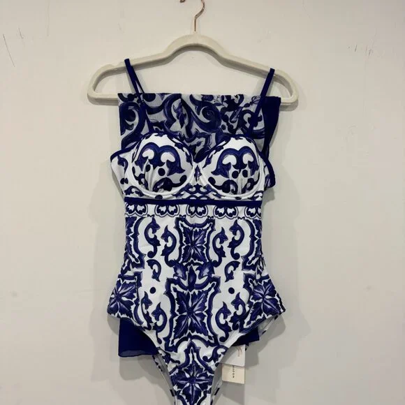 NEW Porcelain Pattern One-Piece Swimsuit and Cover Up Skirt, Size M - Picture 11 of 17